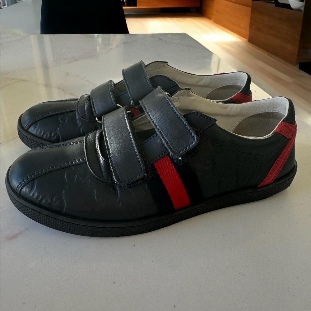 GUCCI Kids navy blue & red size 32 sneakers shoes unisex GG logo leather school
